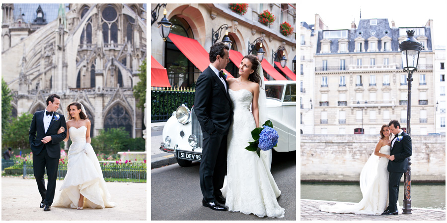 Bride and Groom in Front of Bentley at Plaza Athenee Paris