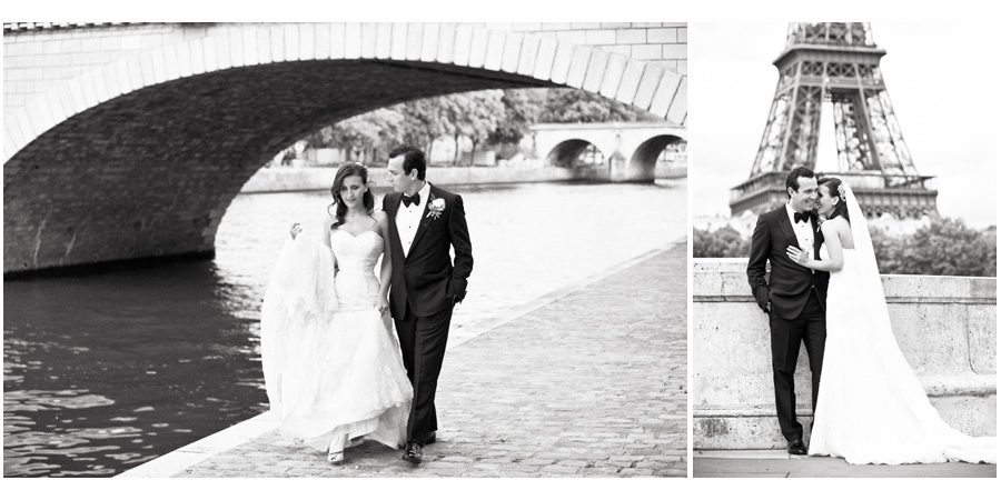 Bride and Groom Walk Along Paris River Bank