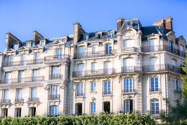 Paris apartment building with blue slate roof