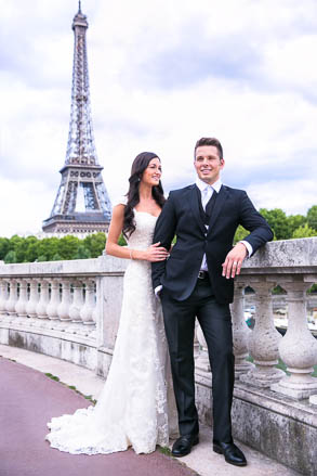 Smiling Bridal Couple and Eiffel Tower