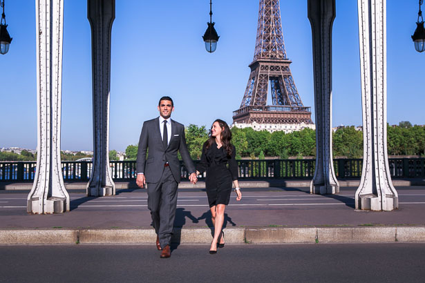 Engaged Couple Crosses Road Near Eiffel Tower