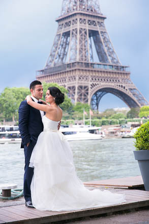 Wedding Couple Across River From Eiffel Tower
