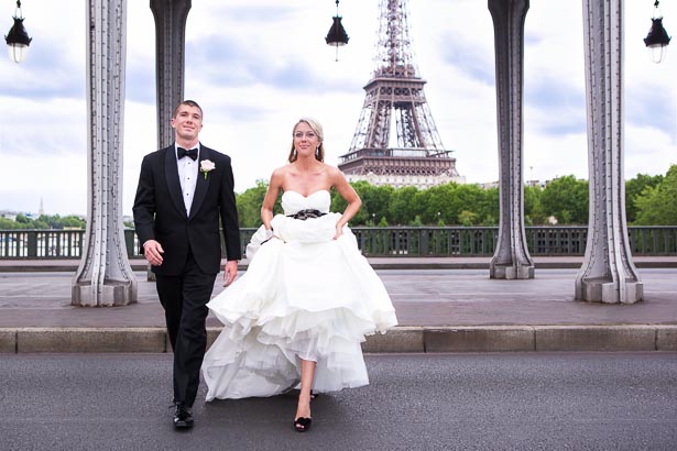 Groom and Bride Crossing the Street by the Eiffel Tower