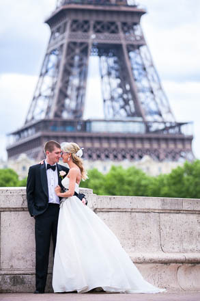 Bride Leaning on Groom by Eiffel Tower