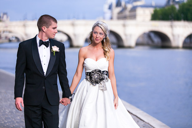 Bride and Groom Walk Along Seine