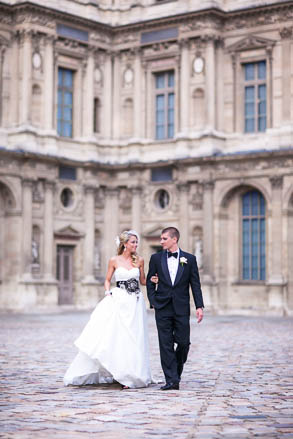 Groom and Bride Walking in Cour Carree of Louvre