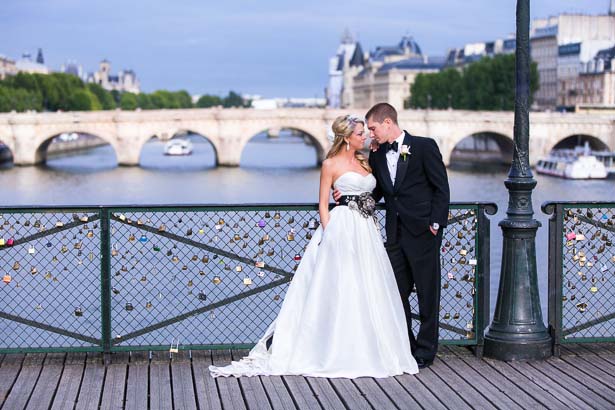 Bride and Groom on Love Lock Bridge in Paris
