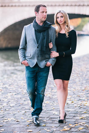 Engaged Couple Walking on Banks of Seine