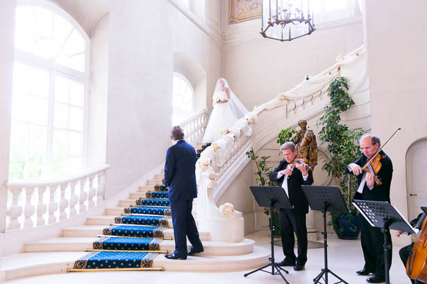 Bride Descends Grand Staircase to Father While Quartet Plays Their Instruments