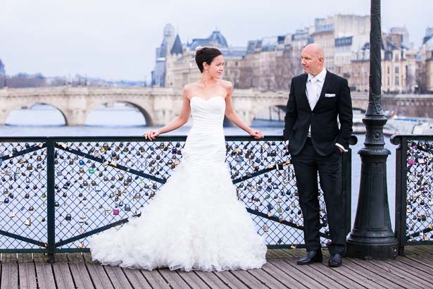 Pre-Wedding Bride and Groom on Love Lock Bridge in Paris